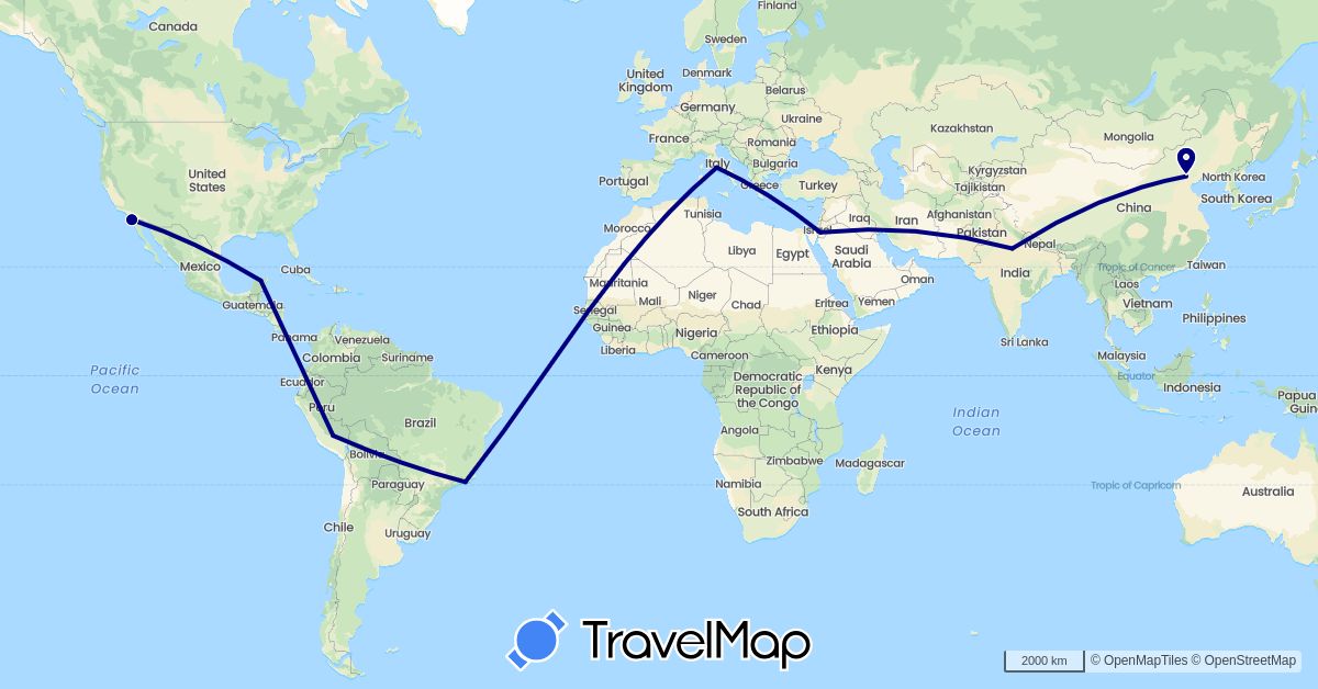 TravelMap itinerary: driving in Brazil, China, India, Italy, Jordan, Mexico, Peru, United States (Asia, Europe, North America, South America)